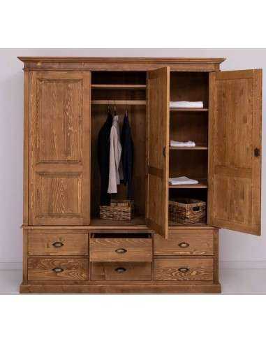 Armadio guardaroba country in legno massello a tre ante e cassetti  MS363