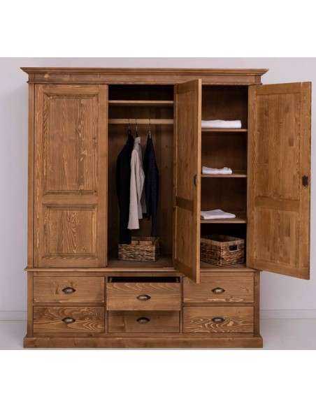 Armadio guardaroba country in legno massello a tre ante e cassetti  MS363