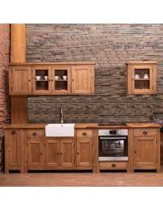 Cucina 322 cm rustica in legno – top in pino, pensili vetro, finitura cera
