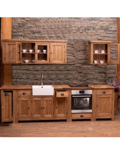 Cucina 322 cm rustica in legno – top in pino, pensili vetro, finitura cera 2