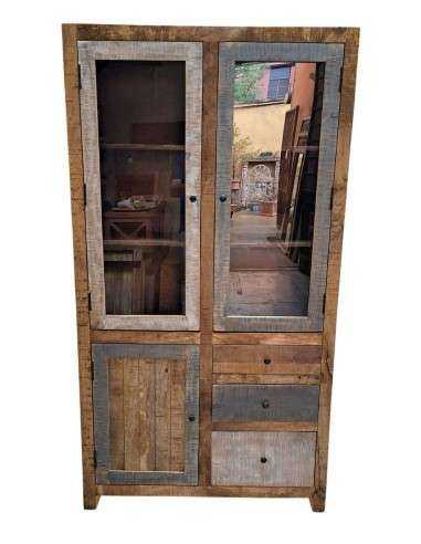 Vetrina rustica con tre ante e tre cassetti | Produzione artigianale dall'India | Misura 100x40x186 cm AGB0716