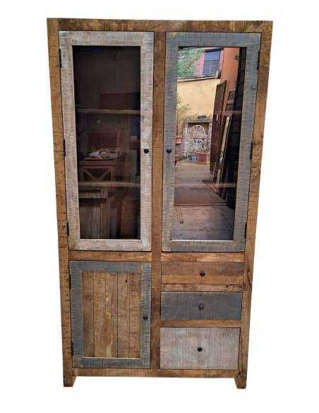 Vetrina rustica con tre ante e tre cassetti | Produzione artigianale dall'India | Misura 100x40x186 cm AGB0716