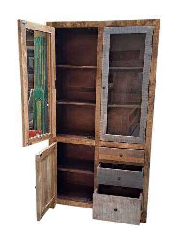 Vetrina rustica con tre ante e tre cassetti | Produzione artigianale dall'India | Misura 100x40x186 cm AGB0716