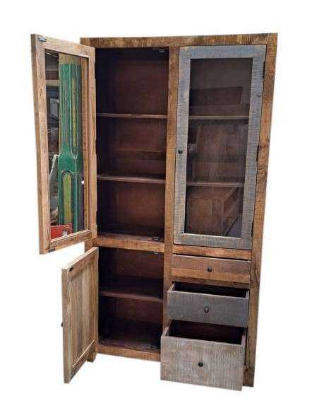 Vetrina rustica con tre ante e tre cassetti | Produzione artigianale dall'India | Misura 100x40x186 cm AGB0716