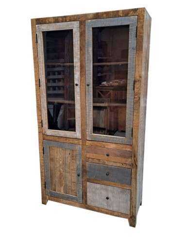 Vetrina rustica con tre ante e tre cassetti | Produzione artigianale dall'India | Misura 100x40x186 cm AGB0716
