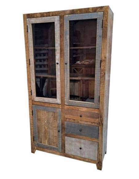 Vetrina rustica con tre ante e tre cassetti | Produzione artigianale dall'India | Misura 100x40x186 cm AGB0716