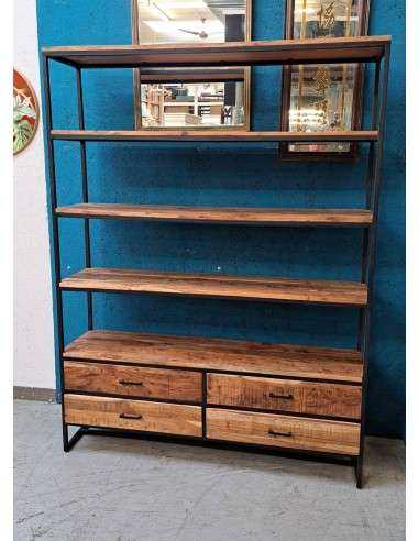 Libreria Industriale - 5 Ripiani, 4 Cassetti - Legno Massello e Ferro Battuto 145cm AGB01196
