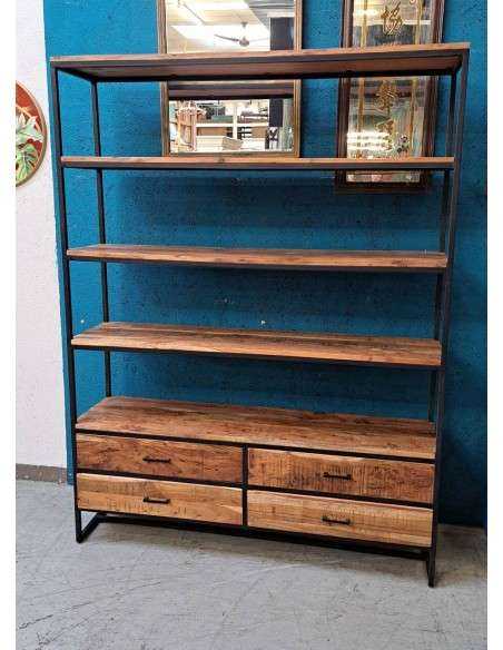 Libreria Industriale - 5 Ripiani, 4 Cassetti - Legno Massello e Ferro Battuto 145cm AGB01196