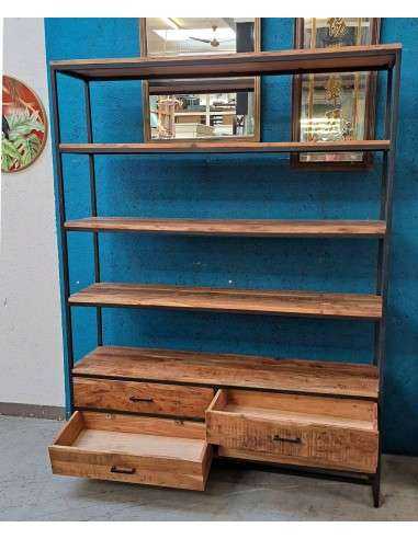 Libreria Industriale - 5 Ripiani, 4 Cassetti - Legno Massello e Ferro Battuto 145cm AGB01196