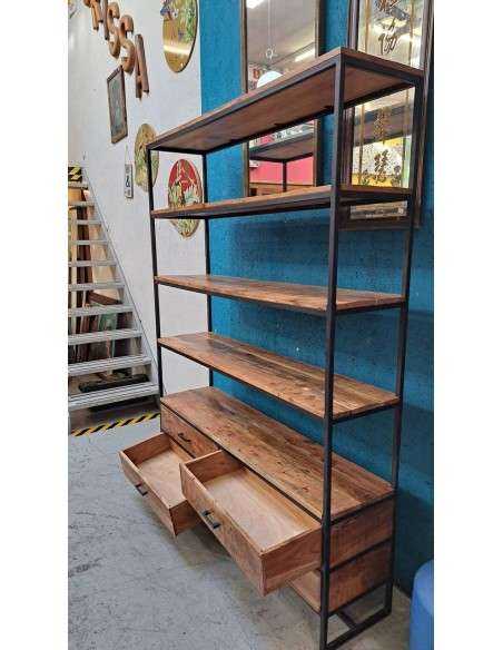 Libreria Industriale - 5 Ripiani, 4 Cassetti - Legno Massello e Ferro Battuto 145cm AGB01196