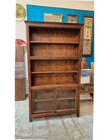 Libreria Colonia in Teak con Vetrina e Ante Scorrevoli R023b