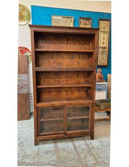 Libreria Colonia in Teak con Vetrina e Ante Scorrevoli R023b