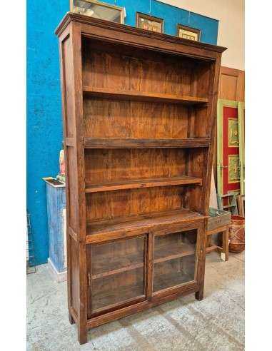 Libreria Colonia in Teak con Vetrina e Ante Scorrevoli R023b