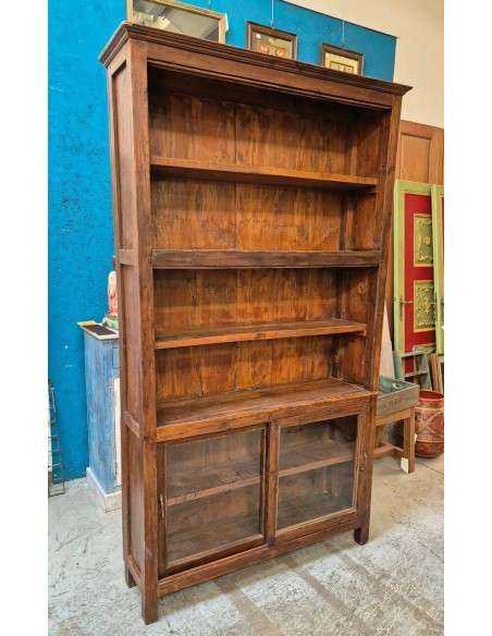 Libreria Colonia in Teak con Vetrina e Ante Scorrevoli R023b