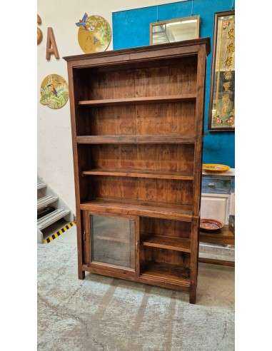 Libreria Colonia in Teak con Vetrina e Ante Scorrevoli R023b