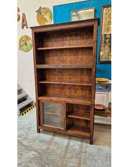 Libreria Colonia in Teak con Vetrina e Ante Scorrevoli R023b