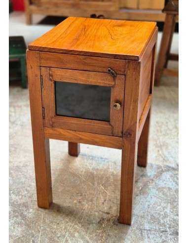Comodino Vintage in Teak con Antina in Vetro - Epoca Coloniale Indiana CX204
