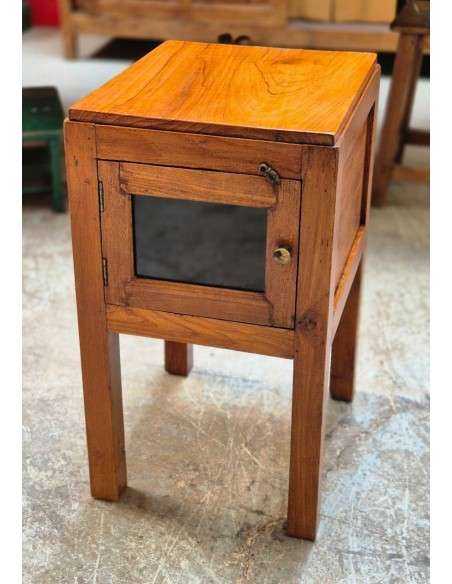 Comodino Vintage in Teak con Antina in Vetro - Epoca Coloniale Indiana CX204
