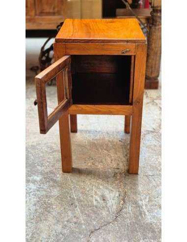 Comodino Vintage in Teak con Antina in Vetro - Epoca Coloniale Indiana CX204