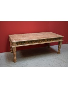 Tavolino coloniale in teak sbiancato con bordo inciso colorato – 124x63x44 cm TS036