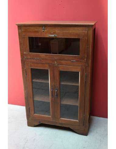 Vetrina stile inglese coloniale in teak biondo – India XX secolo, ante a vetro e ribalta TS062