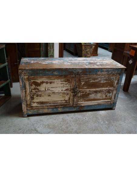 Mobile porta TV basso in teak con due ante e ripiano interno – colore azzurro e crema shabby TS131