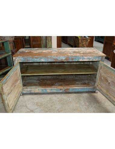 Mobile porta TV basso in teak con due ante e ripiano interno – colore azzurro e crema shabby TS131