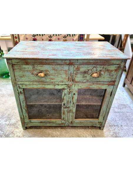 Vetrina bassa due cassetti shabby azzurra in legno massello CX214