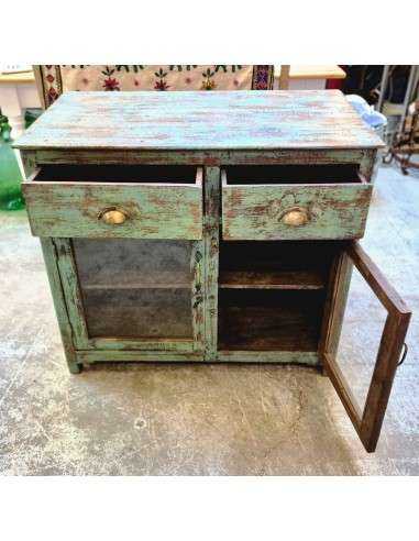 Vetrina bassa due cassetti shabby azzurra in legno massello CX214