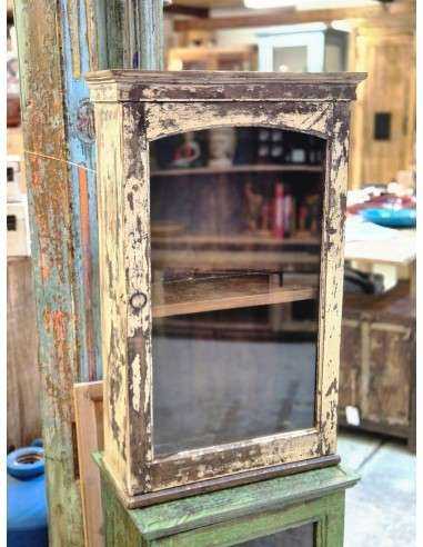 Vetrinetta pensile in legno massello indiano color crema shabby CX216