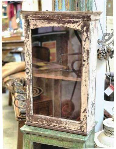 Vetrinetta pensile in legno massello indiano color crema shabby CX216