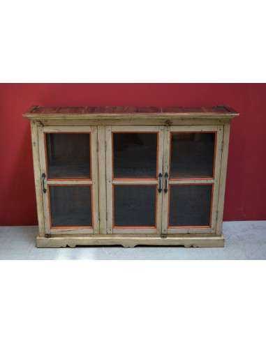 Vetrina shabby coloniale in legno crema e arancio – 3 ante vetro, India XX secolo TS898