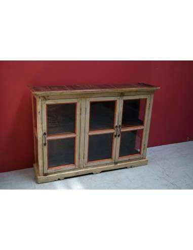 Vetrina shabby coloniale in legno crema e arancio – 3 ante vetro, India XX secolo TS898