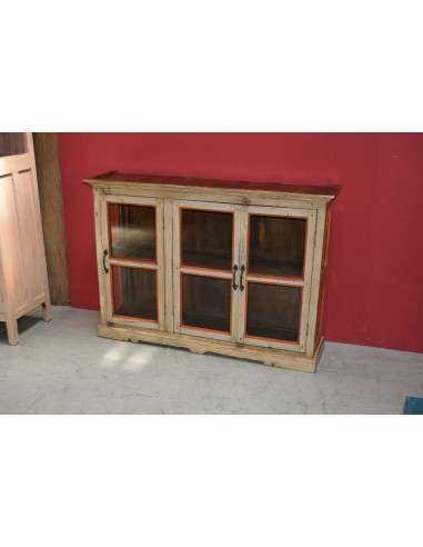 Vetrina shabby coloniale in legno crema e arancio – 3 ante vetro, India XX secolo TS898