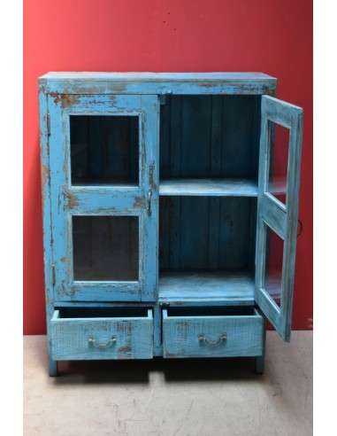 Vetrina coloniale azzurra in legno massello con ante a vetro e cassetti – India XX secolo TS216