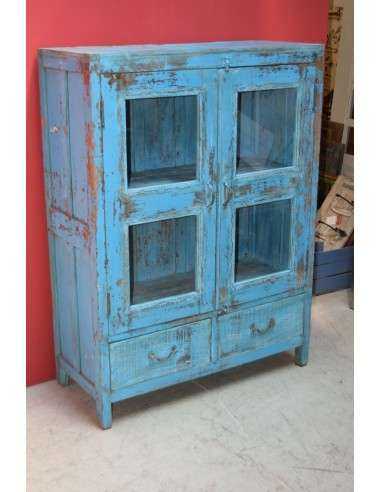 Vetrina coloniale azzurra in legno massello con ante a vetro e cassetti – India XX secolo TS216
