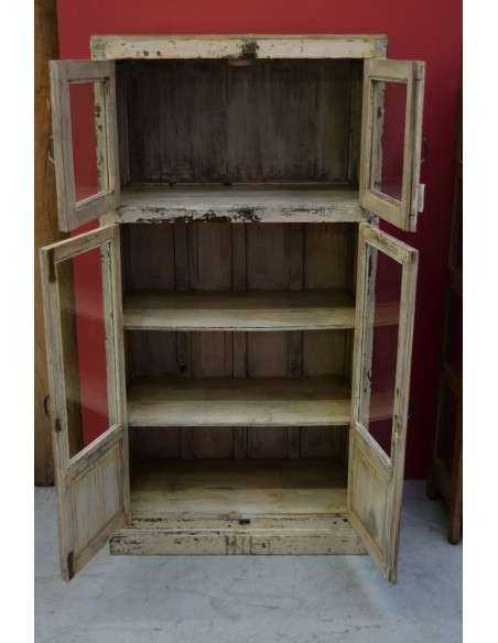 Vetrina pensile shabby in legno massello con doppia anta vetro e ripiani TS190