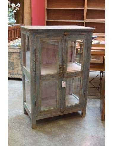 Vetrina bassa in legno massello con ante e lati in vetro, colore azzurro shabby TS219