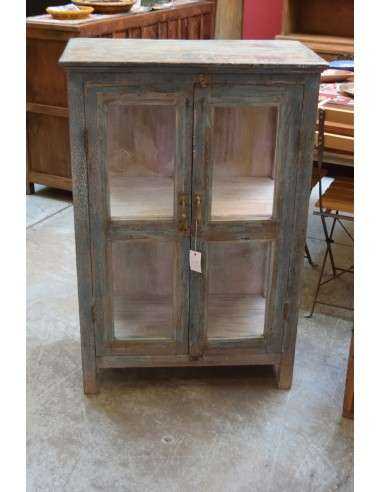 Vetrina bassa in legno massello con ante e lati in vetro, colore azzurro shabby TS219