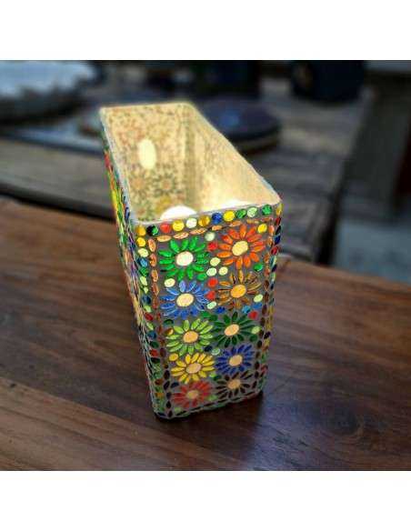 Lampada etnica a mosaico colore bianco e vetrini multicolore forma rettangolare LAMP831