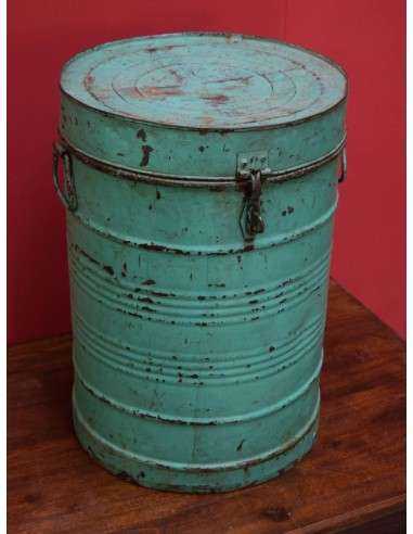 Bidone in Ferro Vintage con Coperchio provenienza India colore Verde altezza 53cm TM141A