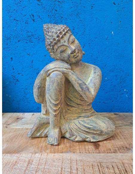 Statua Buddha Thailandese Inginocchiato con Occhi Chiusi in Polvere di Pietra H32cm ALNG012