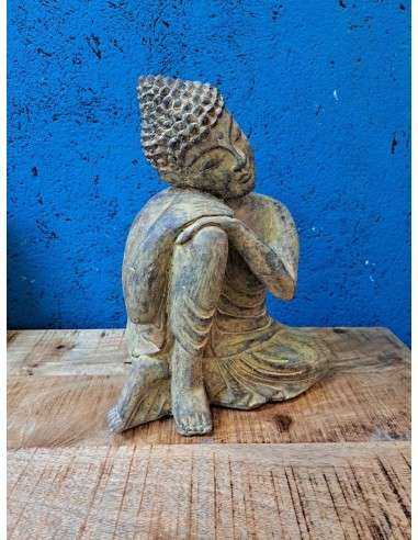 Statua Buddha Thailandese Inginocchiato con Occhi Chiusi in Polvere di Pietra H32cm ALNG012