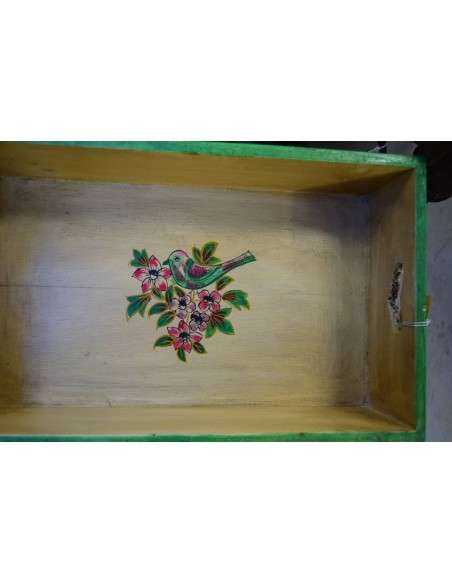 Cassetta in legno massello indiano decorata | Decorazione floreale e uccellino, stile etnico