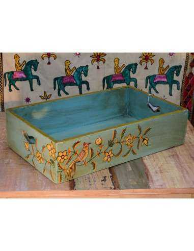 Cassetta in legno massello con decorazione floreale e uccellino, stile etnico verde e azzurro