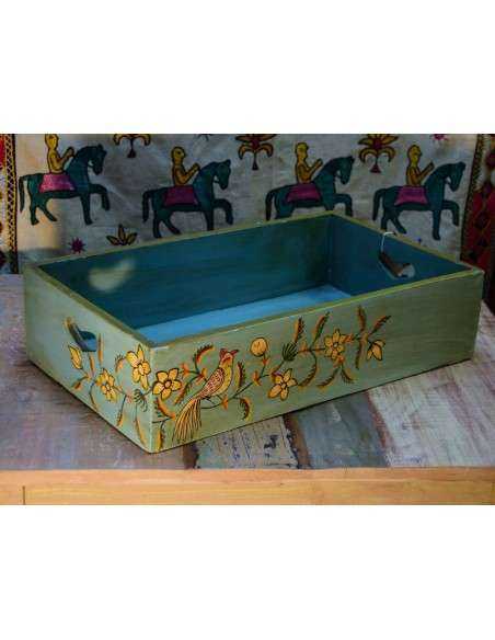 Cassetta in legno massello con decorazione floreale e uccellino, stile etnico verde e azzurro