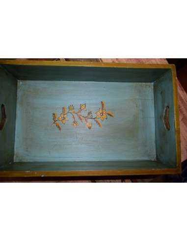 Cassetta in legno massello con decorazione floreale e uccellino, stile etnico verde e azzurro