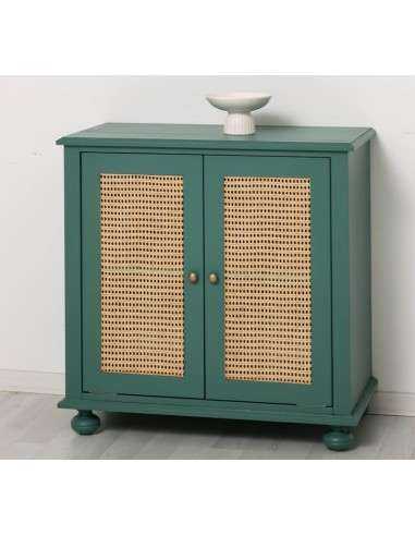 Mobiletto Country Verde P114 in Pino e Rattan – 90x47x90 cm