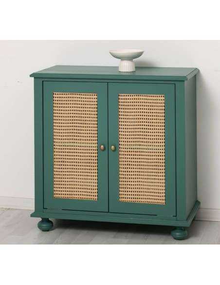 Mobiletto Country Verde P114 in Pino e Rattan – 90x47x90 cm