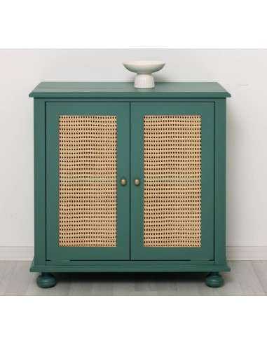 Mobiletto Country Verde P114 in Pino e Rattan – 90x47x90 cm